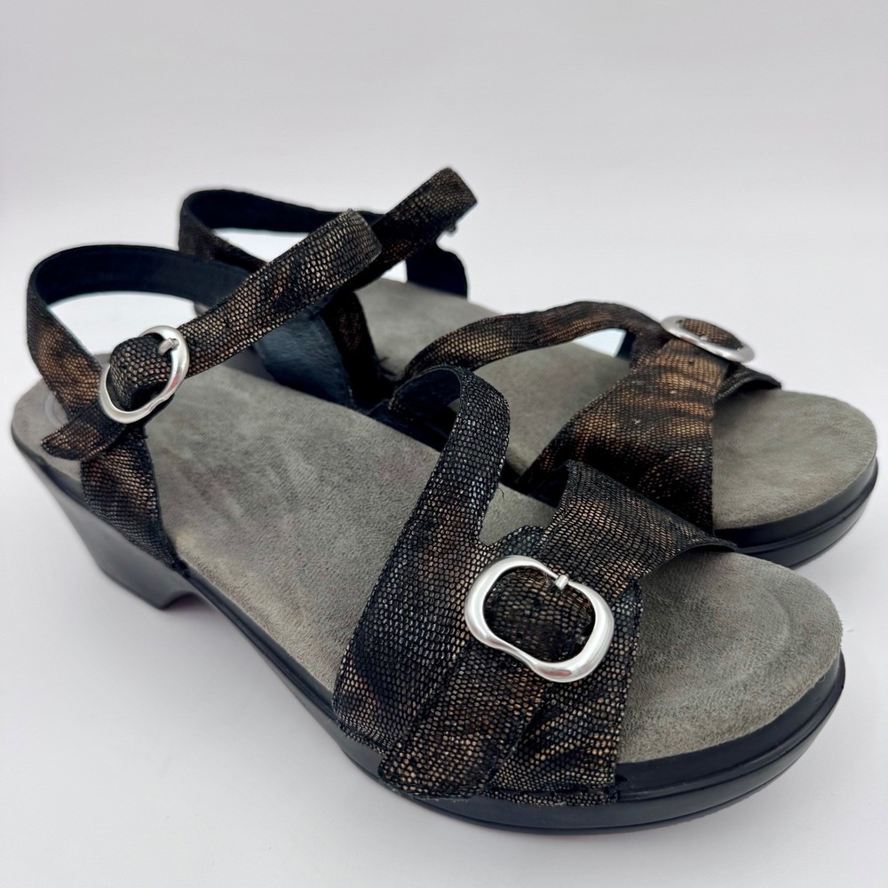 EUC Dansko Sophie Sandals Womens 39 Bronze Black Snake Metallic Wedge 9842450200